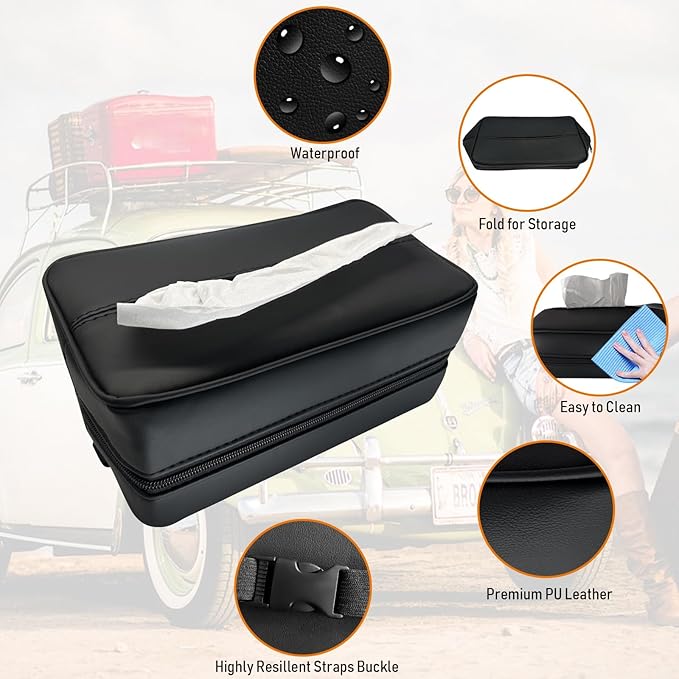 Large Car Tissue Holder for 120 Standard Tissues, Premium PU Leather Tissue Holder in Car Backseat Rectangular, Napkin Holder for Car Fits for Kleenex Tissues Box Daily Use Black