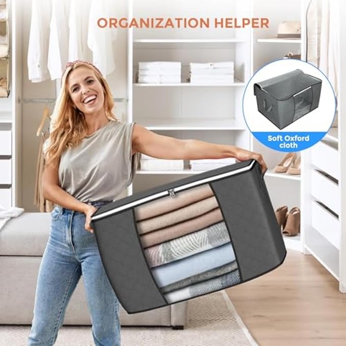 Budding Joy 90L Large Storage Bags, 10 Pack Clothes Storage Bins Foldable Closet Organizers Storage Containers with Reinforced Handle for Clothing, Blankets, Comforters, Bed Sheets, Pillows (Gray)