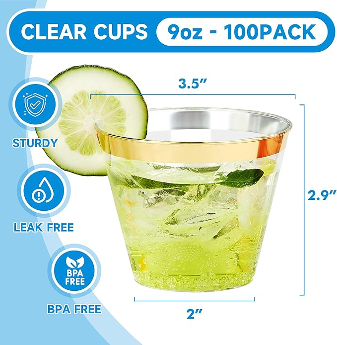 RACETOP 9 oz 100 Pack Clear Plastic Cups with Gold Rim, Disposable Gold Rim Clear Plastic Cups for Parties, Gatherings, Weddings, and Festival Events