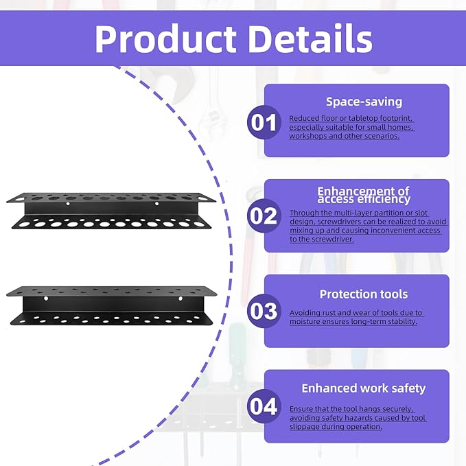 2 Pack Screwdriver Organizer Wall Mounted – Heavy Duty Rustproof Tool Organizer with Durable Design, Space-Saving Storage for Garage, Workshop, Home Workbench
