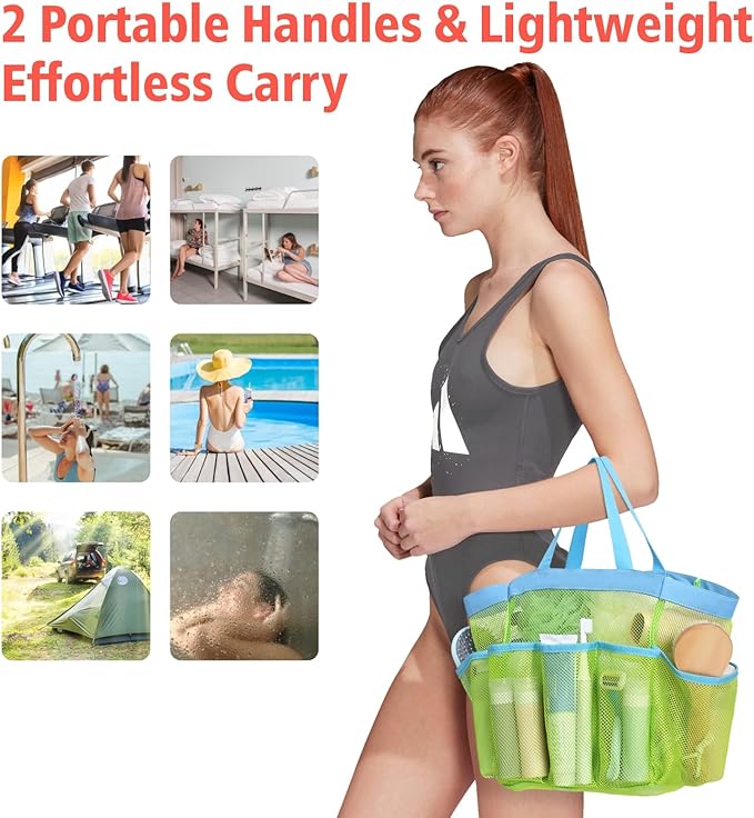 F-color Mesh Shower Caddy Portable, Upgraded Deeper 7 Pockets Shower Bag Basket Bag Tote for College Dorm Room Toiletry Bathroom Essentials Gym Camp Quick Dry 2 handles with S Hook
