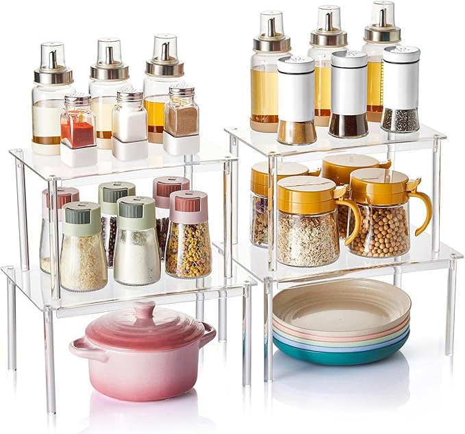 Acrylic Spice Rack Organizer Shelf for Cabinet, Set of 4 Shelves for Kitchen Organizers and Storage, Stackable Display Riser Shelf for Countertop Display Pantry Cabinet, Clear Shelves Room Decor