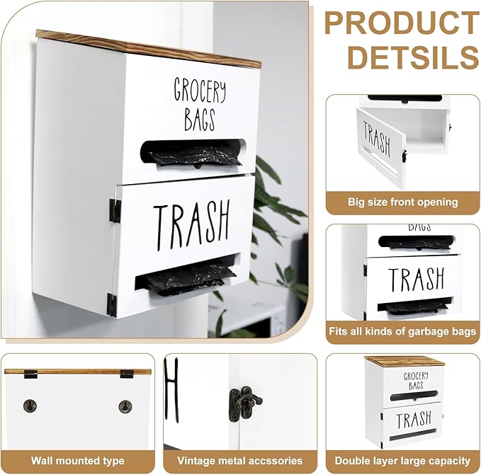 2-in-1 Trash Bag Dispenser, Double Wall Mounted, Wood Trash Bag Holder, for kitchen, garage, laundry room, can store eco-friendly food bags and garbage bags (White)