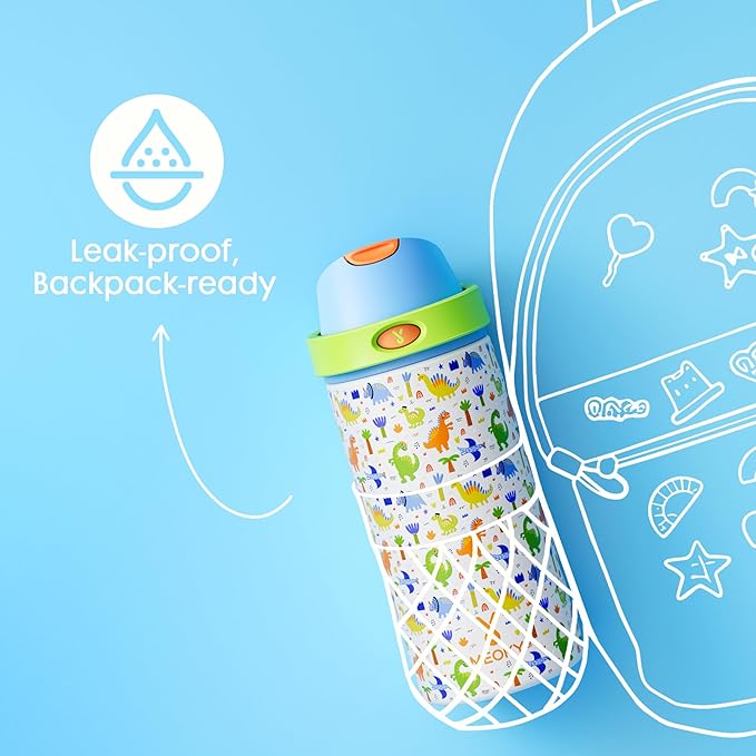18 oz Insulated Water Bottle for Sports: Meoky Stainless Steel Kids Water Bottle with 2-in-1 Straw and Spout Lid - Leak Proof, Fits in Car Cup Holder, BPA-Free for School Gym Travel, Dinosaur Party