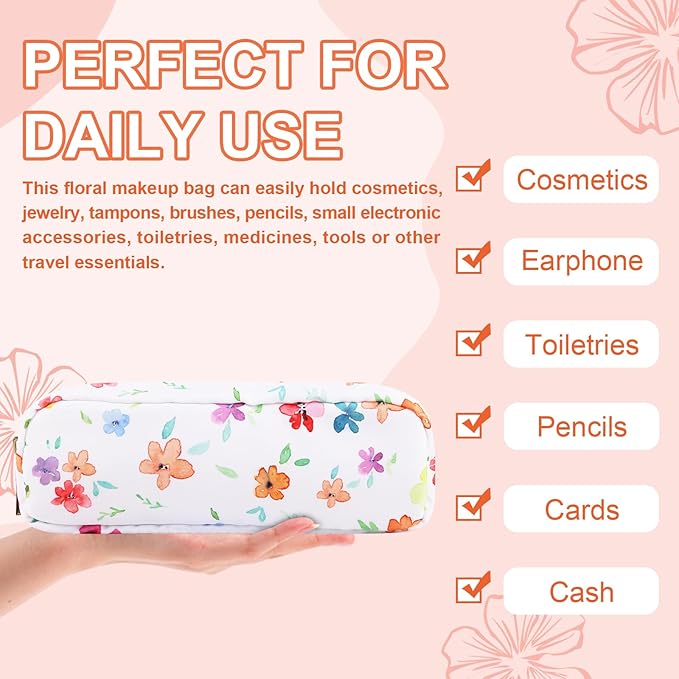 Waterproof Small Floral Pencil Case Makeup Bag for Purse,Cute Flower Pencil Pouch Preppy Nylon Makeup Brush Holder with Zipper,Girls Portable Storage Case Pen Bag for Work(Slim Colorful-Flowers)
