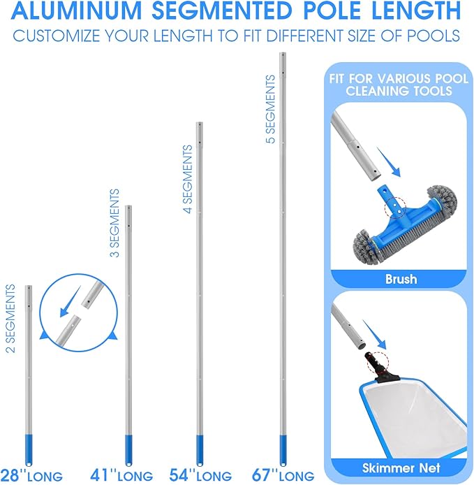 TidyMister 3PCS Cleaning Kit - 12.5'' Brush With Round End & 11'' Skimmer Net Fine Mesh & 5.7 Feet Thick Aluminum Pole 5-Segment, for Above Ground & Inground Pools Ponds