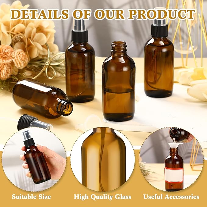 Fumete 2 Pack Glass Bottles 4oz Empty Refillable Liquid Containers with 1 Label 1 Funnel for Essential Oils Hair Travel Plants Cleaning Skin Care(Amber, Black Top,Mist Bottle)