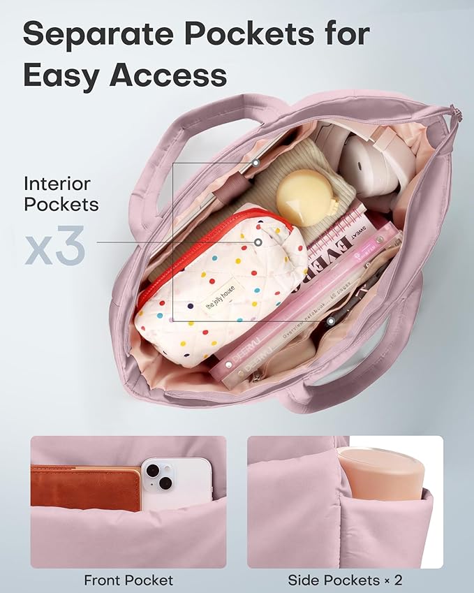 HOTOR Puffer Tote Bag for Women, Nurses - Multi-Pocket Lightweight Bag for Work - Quilted Handbag for Travel and Gym