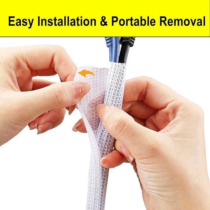 1/4" x50ft Split Sleeve Cable Organizer - Wire Protector Sleeving for Desk, PC, TV, Home Office | Cord Management Cover, Easy Install, White