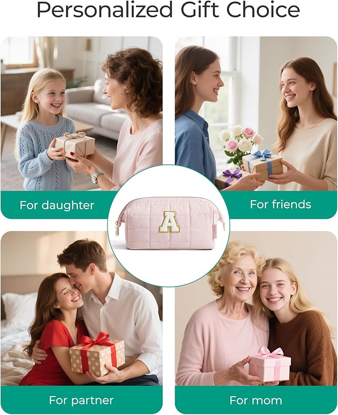 BAGSMART Birthday Gifts Personalized Initial Makeup Bag, Trendy Stuff Gifts for Women Bridesmaid Graduation, Puffy Padded Make Up Bags for Women, Wide-open Toiletry Bag, Pink M