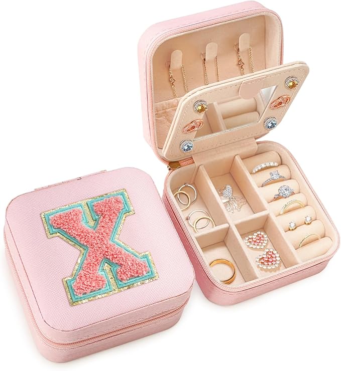 SANDJEST Personalized Jewelry Box, Pink Travel Jewelry Box with Initial X, Small Monogrammed Jewelry Case Organizer for Girls Women Teen Kids, Mini Travel Essentials Gifts for Birthday Christmas