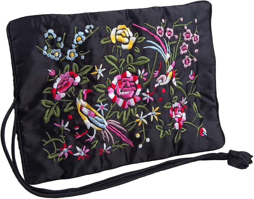 TUMBEELLUWA Embroidery Travel Jewelry Bag Roll Embroidered Flower and Bird Brocade Organizer with Tie Close