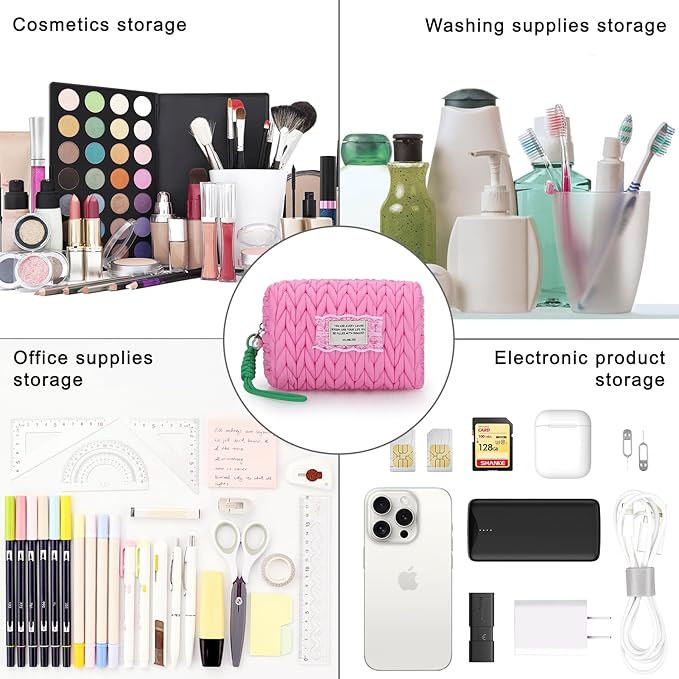 DOB SECHS Small Puffer Makeup Bag Quilted Cosmetic Bag Clutch with Wristlet, Cute Makeup Pouch for Purse, Cotton Woven Puffy Toiletry Bag for Women, Mini Travel Essentials Organized Pouches, Hot Pink