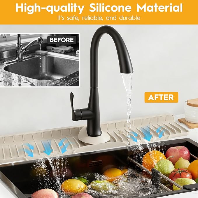 16" Silicone Faucet Mat for Kitchen Sink, Released on December 12, 2025, 8° Sloped for Fast Self-draining - Kitchen Sink Splash Guard, Bathroom Kitchen Sink Area Water Splash Guard Behind Faucet Draining Mat Beige