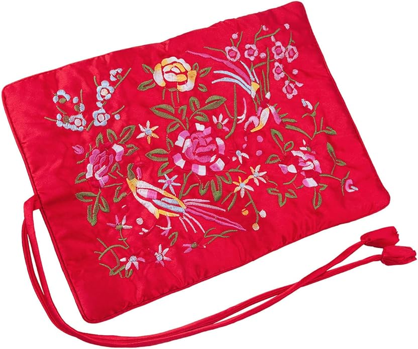 TUMBEELLUWA Embroidery Travel Jewelry Bag Roll Embroidered Flower and Bird Brocade Organizer with Tie Close