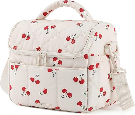 BAGSMART Insulated Lunch Bags for Women, Cute Quilted Lunch Box, Lightweight Puffy Padded Waterproof Lunch Tote, Reusable Lunch Cooler for Work Picnic Travel, Cherry