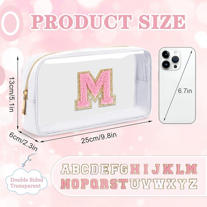 Small Clear Personalized Initial Makeup Bag,Nylon Preppy A-Z Chenille Letter Patch Cosmetic Pouch Beach Toiletry Bag,Waterproof Zipper Travel Purse Storage Bag Organizer for Women Girls(White-Pink M)