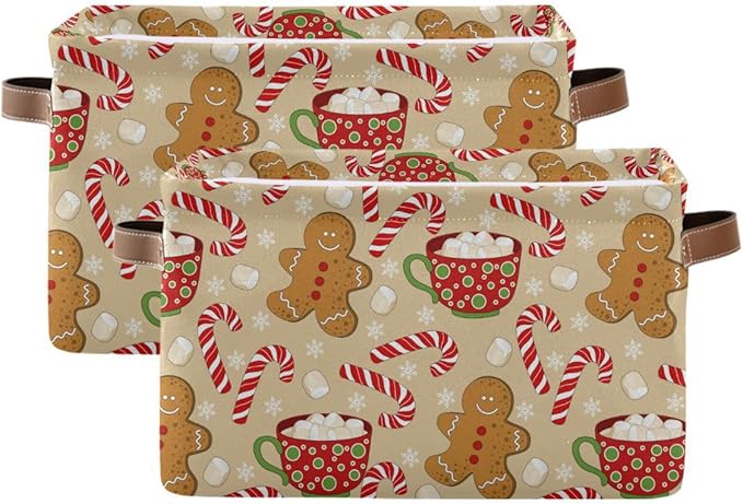 Christmas Gingerbread Man Storage Basket Fabric Kitchen Baskets Xmas Candy Cane Winter Snowflake Open Home Storage Bins Boxes Foldable Organizer Bag for Gift Book Shelf Closet Baskets 16×12×8 Inches