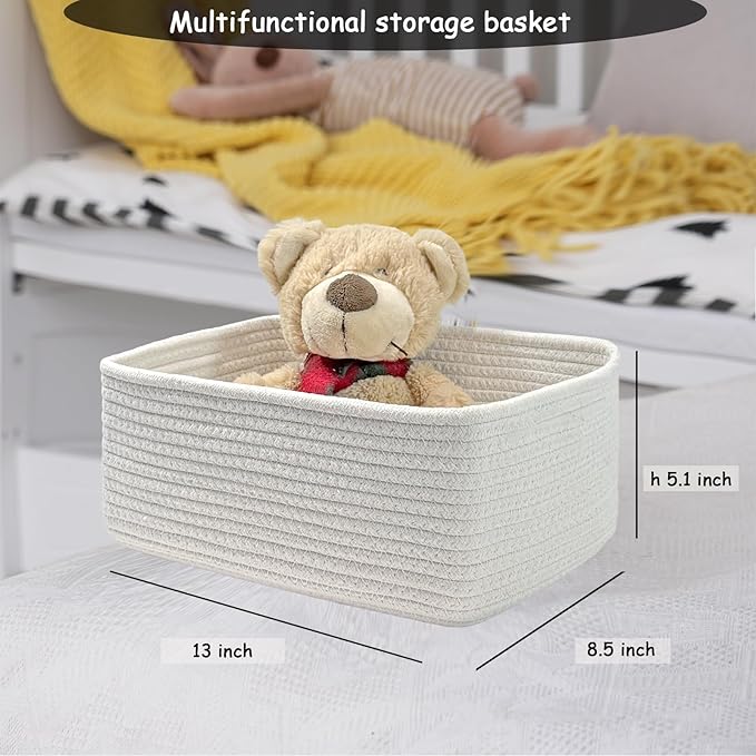COMFY-HOMI 13" x 8.5" x 5.1" Storage Baskets for Organizing | Cotton Rope Woven Basket | Toy Storage Bin Box | Basket for Shelves, Closet Organizer Bin, Decorative Closet Shelf, 1 Pack, All white