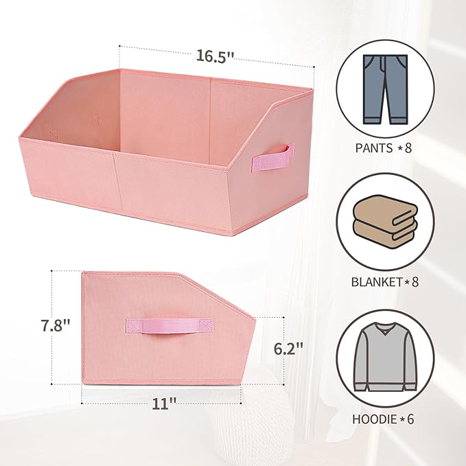 Closet Baskets for Shelves Trapezoid - Decorative Storage Baskets with Handle, Closet Bins for Organization, Shelf Storage Bins for Clothes, Books, Home, Office, 6 Pack, Pink