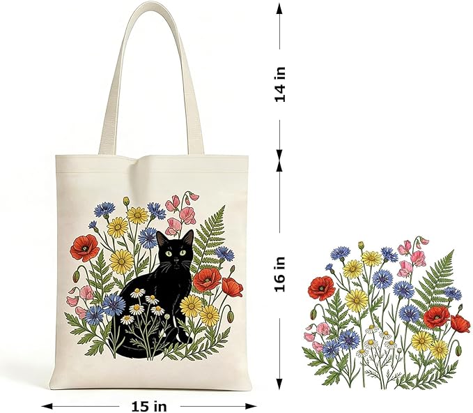 MOLOVA】Printed Canvas Tote Bag for Women - Inner Zipper Pocket & Magnetic Closure, Versatile Hand Shoulder Carry, 15x16 Inch Large Capacity for Work Travel Shopping, Cat and Flower