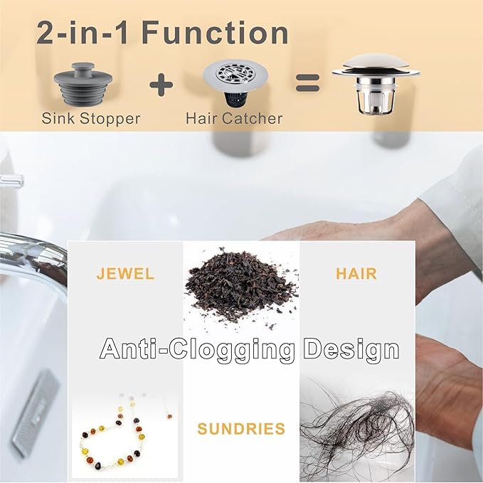 Brushed Nickel Bathroom Sink Stopper Replacement, Wellup Universal 2-in-1 Bathroom Sink Drain Stopper for 1 1/8"-1 1/2" Sink Drain Hole, Pop Up Sink Stopper Strainer with Hair Catcher