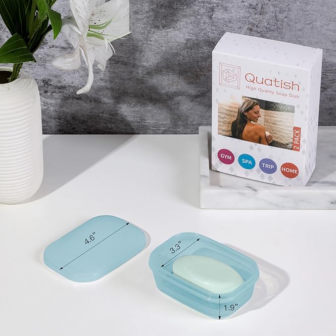 Quatish Leakproof Soap Dish with Lid & Draining Layer, Shatterproof Travel Bar Soap Holder Case Container, Portable Travel Size Toiletries Essentials for Camping, Gym, Bathroom, Clear Blue
