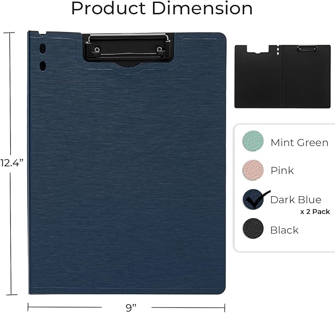 Y YOMA Clipboard Folder, A4 Foldable Plastic Clipboard with Metal Clip, 360° Rotating Cover, Waterproof Work Folder for Home, Office, School, Field Work, Outdoor - 2 Pack, Dark Blue