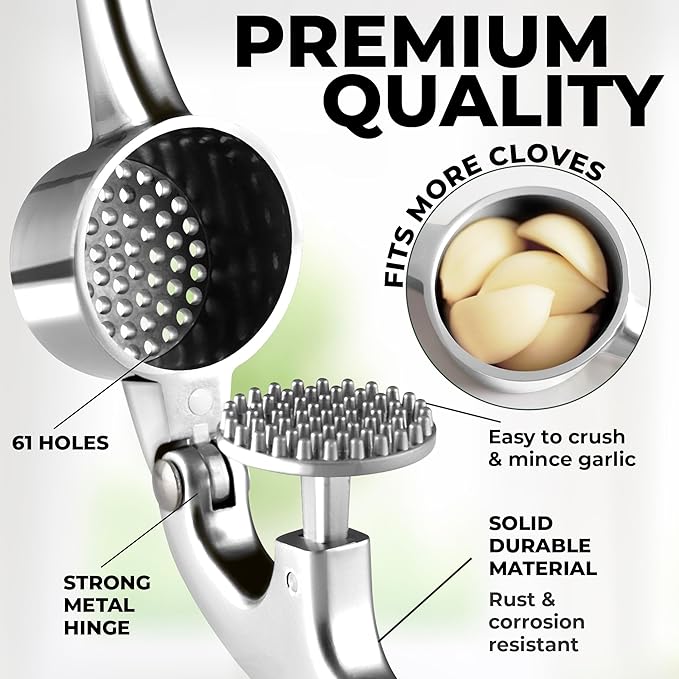 Zulay Kitchen Large Premium Garlic Press Set - Bigger Bowl for Bigger Garlic - Rust Proof & Dishwasher Safe Garlic Mincer Tool - Easy-Squeeze, Easy-Clean Silicone Garlic Peeler & Brush (Chrome)