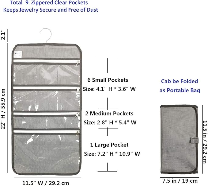 Travel Foldable Jewelry Rolls Bag Hanging Jewelry Organizer with 9 Zippered Clear Pockets Storage Pouch with Rotatable Hanger (GREY)
