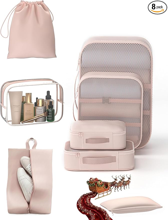8 Set Packing Cubes for Travel with Clear Toiletry Bag, Durable Luggage Packing Organizers, Carry-On Accessories, TSA Approved See-Through Cubes, Space-Saving Storage Bags, Gifts for Women