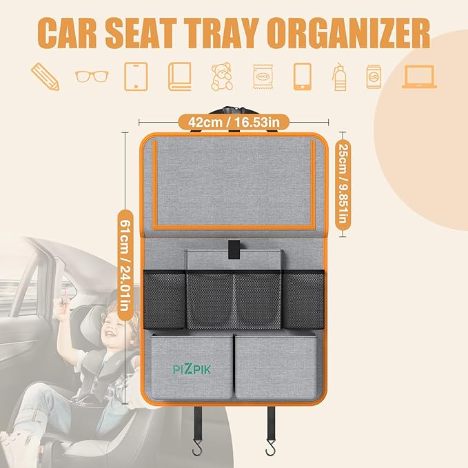 Car Backseat Organizer with Tablet Holder, 11 Storage Pockets with Foldable Food Tray, Protector Kick Mats for Kids, Travel Accessories Organizer (Orange, 2-Pack with Food Tray)