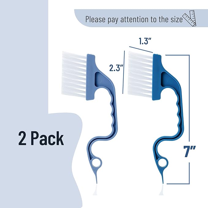 Slick- Window Track Cleaning Brush, 2 Pack, Blue Ergonomic Handle, Built-in Scraper, Multipurpose, Window Track Cleaning Tools
