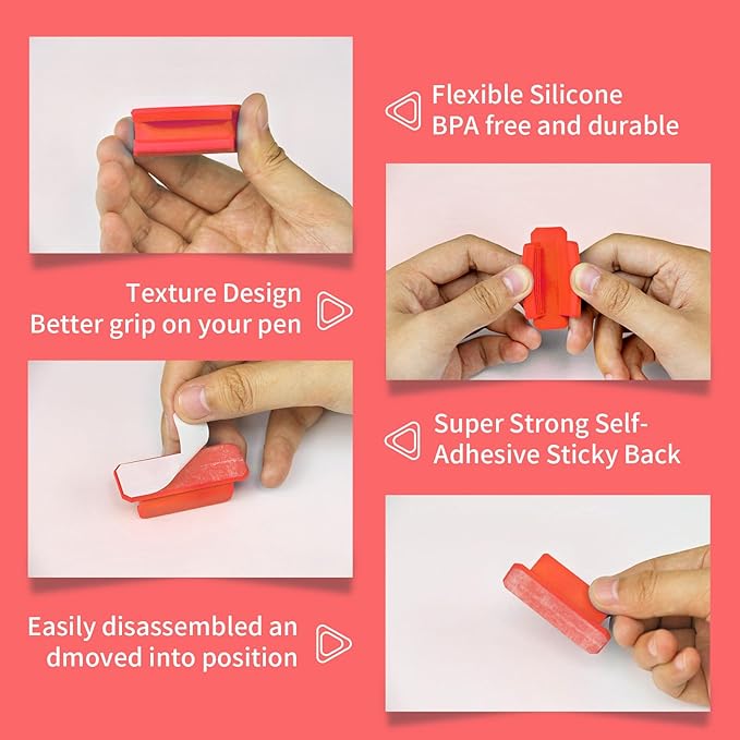 12 Pack Pen Holder for Desk, Silicone Pencil Holder with 12 Extra Adhesive Stickers, Adhesive Pen Holder & Marker Clip for Classroom Office Desk or Any Surface, Teacher Accessories Supplies (Red)
