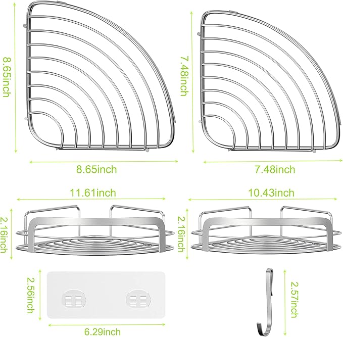 STEUGO 2 Pack Shower Caddy Corner, Bathroom Corner Shower Shelves, Adhesive Wall Mounted Shower Caddy with 4 Movable Hooks, No Drilling Shower Shelf, Stainless Steel Silver.