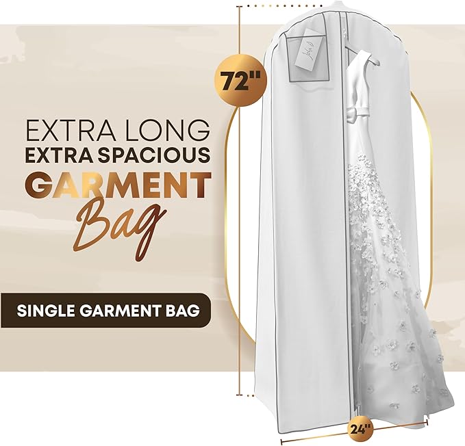 Your Bags 72” Wedding Dress Garment Bag with 20" Gusset & ID Window - Extra Large Bridal Garment Bags for Travel - Breathable, Foldable Dress Bag for Puffy Dresses, Prom & Formal Wear (White/Grey)