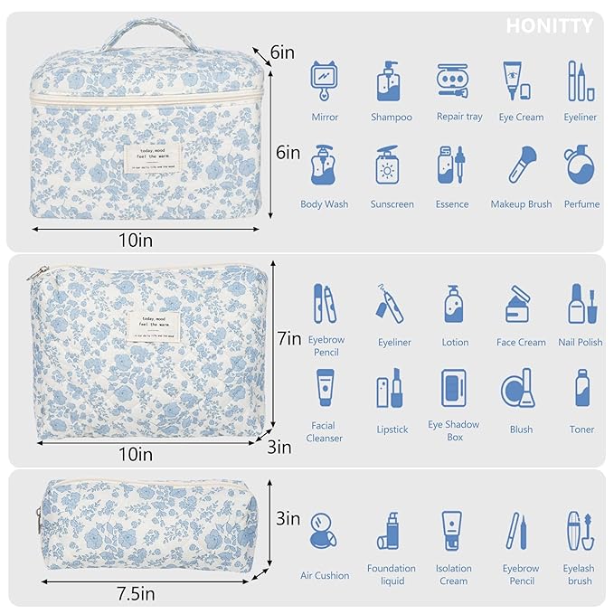 Makeup Bag,Quilted Cosmetic Bag,Large Floral Make Up Bag for Women,Cotton Makeup Bag Set,Flower Travel Toiletry Bag