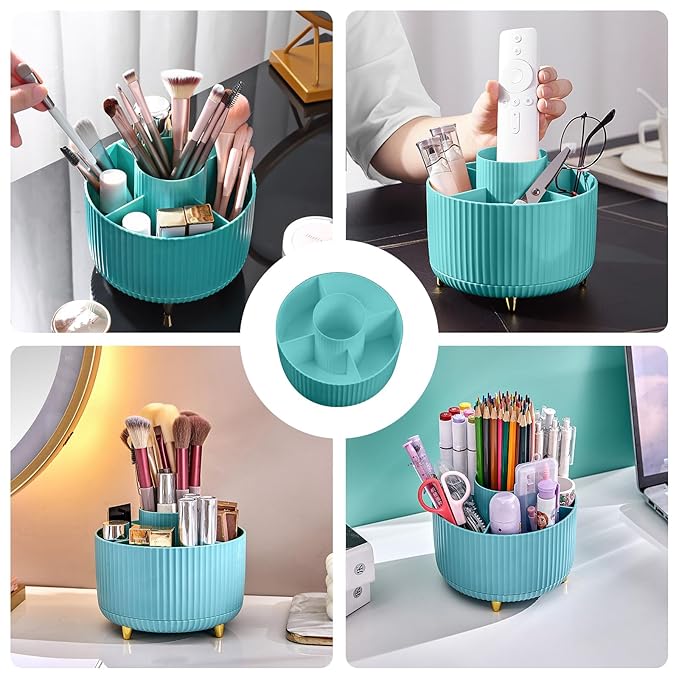 Diesisa 360 Rotating Makeup Brush Organizer With 5 Sections, Spinning Countertop Swivel Makeup Brush Holder for Cosmetics, Nail Polish, Art Supply, Bathroom Vanity Desktop Organizer - Blue