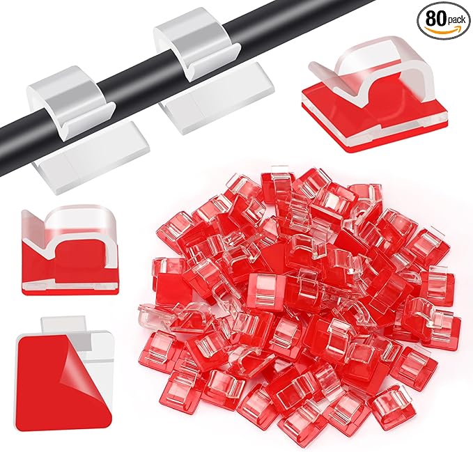 80 PCS Adhesive Cable Clips Christmas Clear Light Strip Mounting Clips Led Light Wire Holder Cable Clamp Organizer for Desk Outdoor Wall Cable