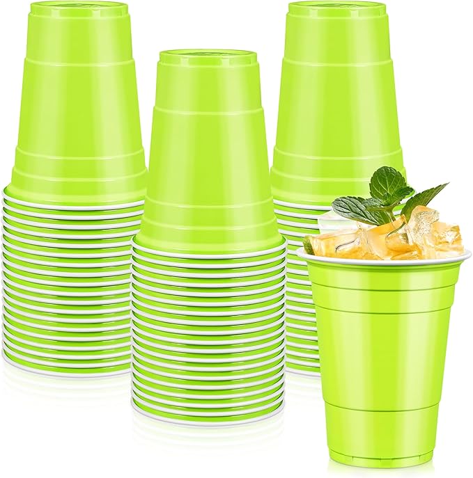 LANLISA 100 Lime Green Plastic Cups, 16 oz Disposable Cups, Drinking Cups For Halloween, Summerween, Christmas Party Supplies