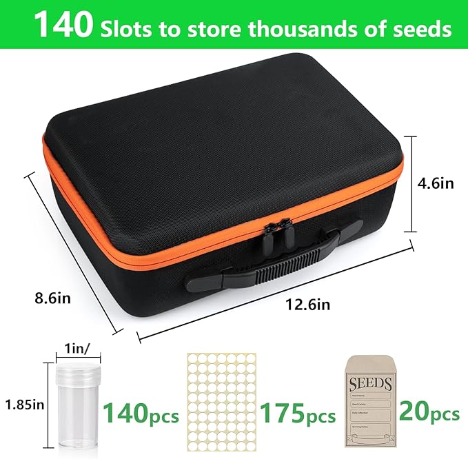 140 Slots Seed Organizer Storage Box with 20PCS Seed Envelopes, Premium Seed Containers for Various Sizes Vegetable and Flower Garden Seeds, Gardening Seed Keeper Set with Useful Accessories (Orange)