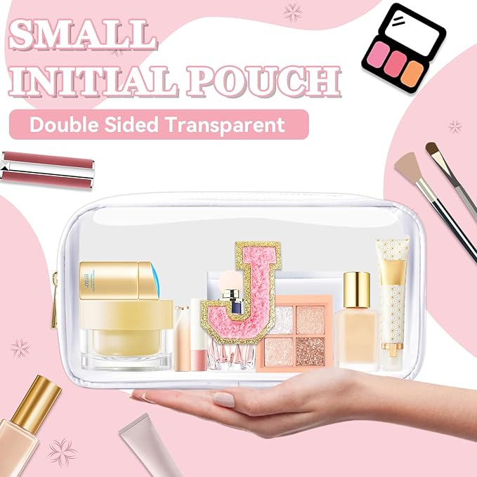 Small Clear Personalized Initial Makeup Bag,Nylon Preppy A-Z Chenille Letter Patch Cosmetic Pouch Beach Toiletry Bag,Waterproof Zipper Travel Purse Storage Bag Organizer for Women Girls(White-Pink J)