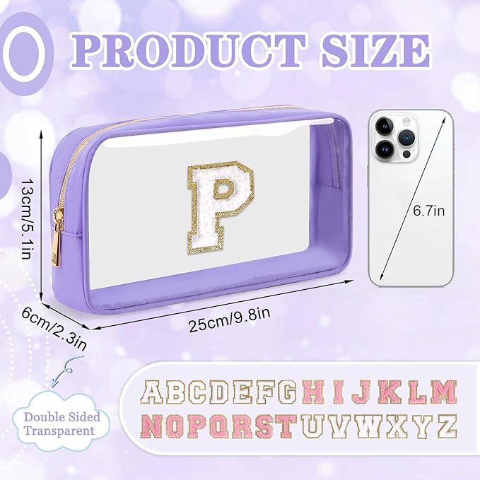 Small Clear Personalized Initial Makeup Bag,Preppy Nylon A-Z Chenille Letter Patch Makeup Organizer TSA Approved Travel Toiletry Bag,Waterproof Zip Beach Cosmetic Pouch Purse for Women(Purple-White P)