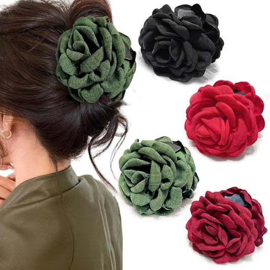4pcs Handmade Fabric Rose Flower Hair Claw Clip for Women Girls, 3.94" Large Boho Hawaiian Floral Hairpins Barrettes for Thick Thin Hair Styling Accessories(Red Green)