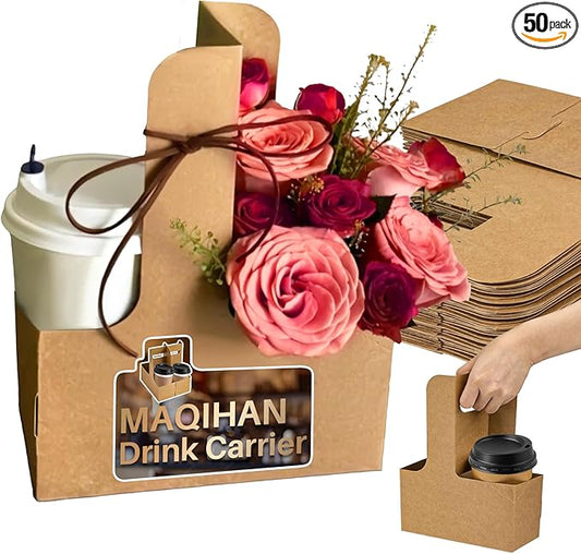 MAQIHAN 2 Cup Drink Carrier with Handle - 50Pcs Disposable Cardboard Coffee Cup Holder Portable Foldable Tray Drink Caddy Cup Carriers to go Cup Holder Food Delivery Accessories for Hot/Cold Drinks