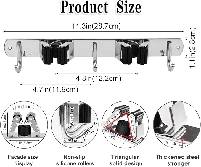2 Racks and 3 Hooks Broom and Mop Holder Wall Mounted Garage Organizer Storage Tool Racks Stainless Steel Heavy Duty Hooks Self Adhesive Solid Non-slip Wall Hangers for Home Kitchen Garden Laundry