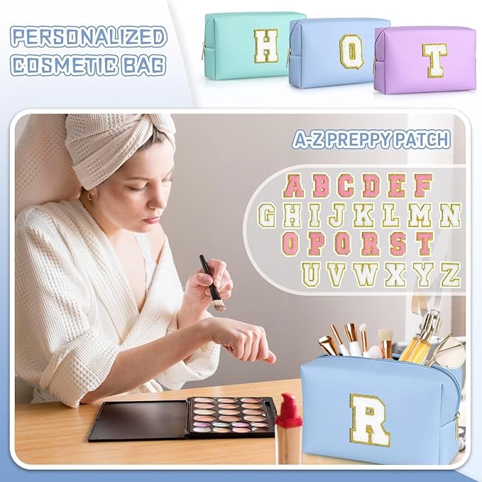 TOPEAST Personalized Makeup Bag, Chenille Letter Pouch Cosmetic Bag w Zipper, PU Leather Waterproof Toiletry Bag, Bridal Shower Gifts for Bridesmaids, Cute Stuff for Girls (Sky Blue P)