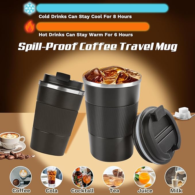 SPLMIFA Vacuum-Insulated Stainless Steel Travel Coffee Mug, Leak-Proof Reusable Coffee Cup with Lid - Keep Hot & Cold Drinks for Hours, Durable Insulated Tumbler for Men & Women(3rd-Black, 12OZ)