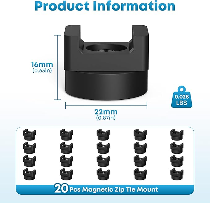 20Pcs Magnetic Zip Tie Mount Heavy Duty Magnetic Cable Zip Tie Base, Tie Mounts, Magnetism Wire Clamps, Magnet Zip Ties Holders, Zip Tie Organizer Magnet Wire Management Clips