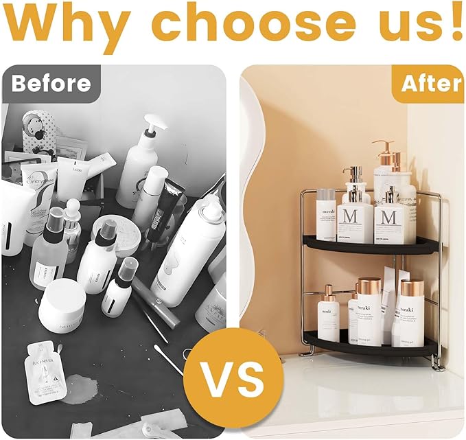 2-Tier Bathroom Organizer Countertop Corner - Makeup Organizer Cosmetic Perfume Holder Bedroom Storage Shelf or Kitchen Spice Rack (Chrome + Black)